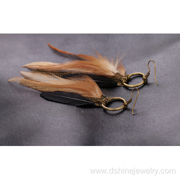 Antique Bronze Fashion Jewelry Chain Tassel Feather Earrings